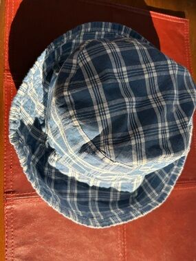 Blue Plaid Bucket Hat, almost 4” brim- protects your face from the sun! Packable
